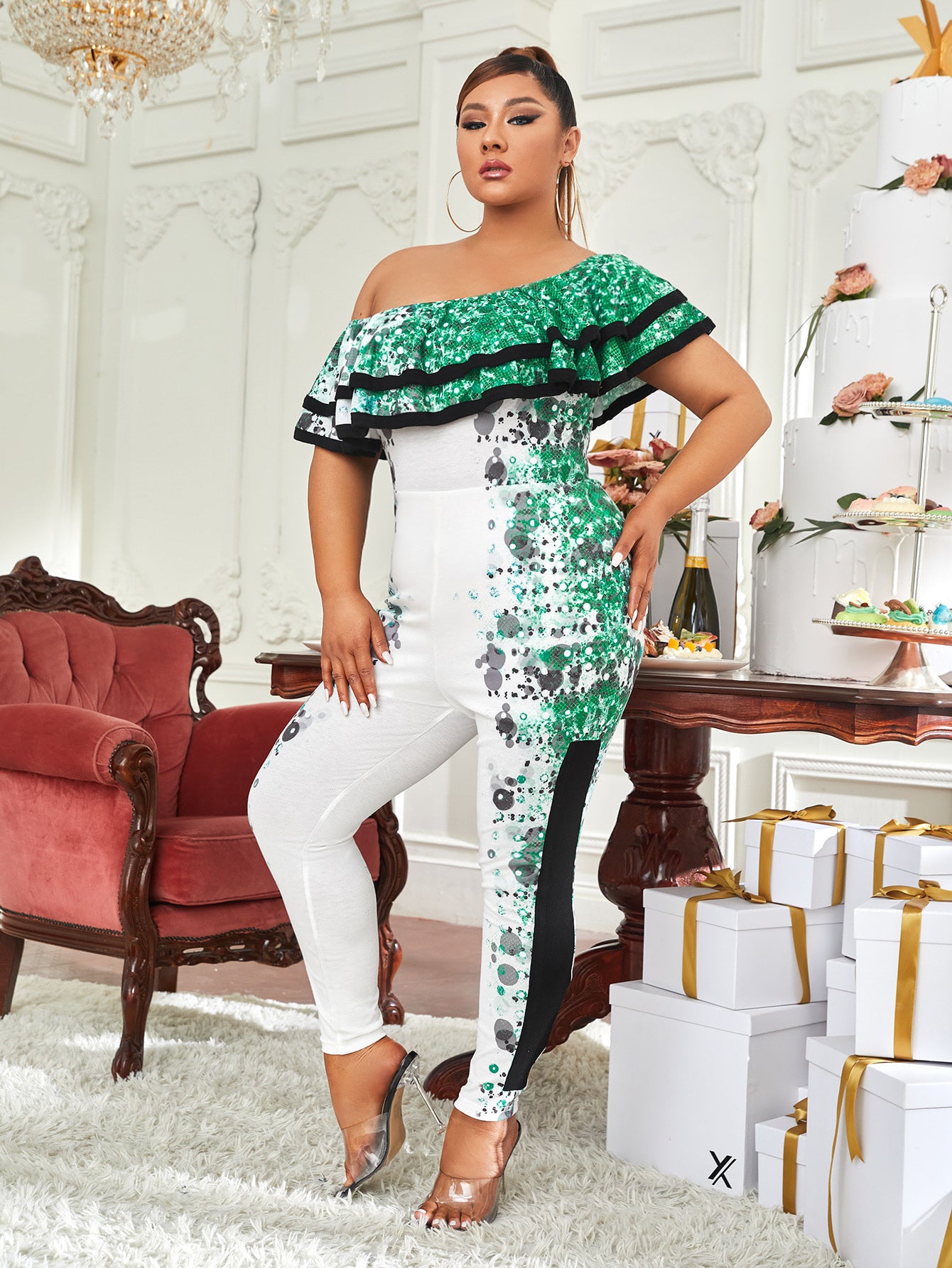 SHEIN X DiamondSize Contrast Ruffle Jumpsuit