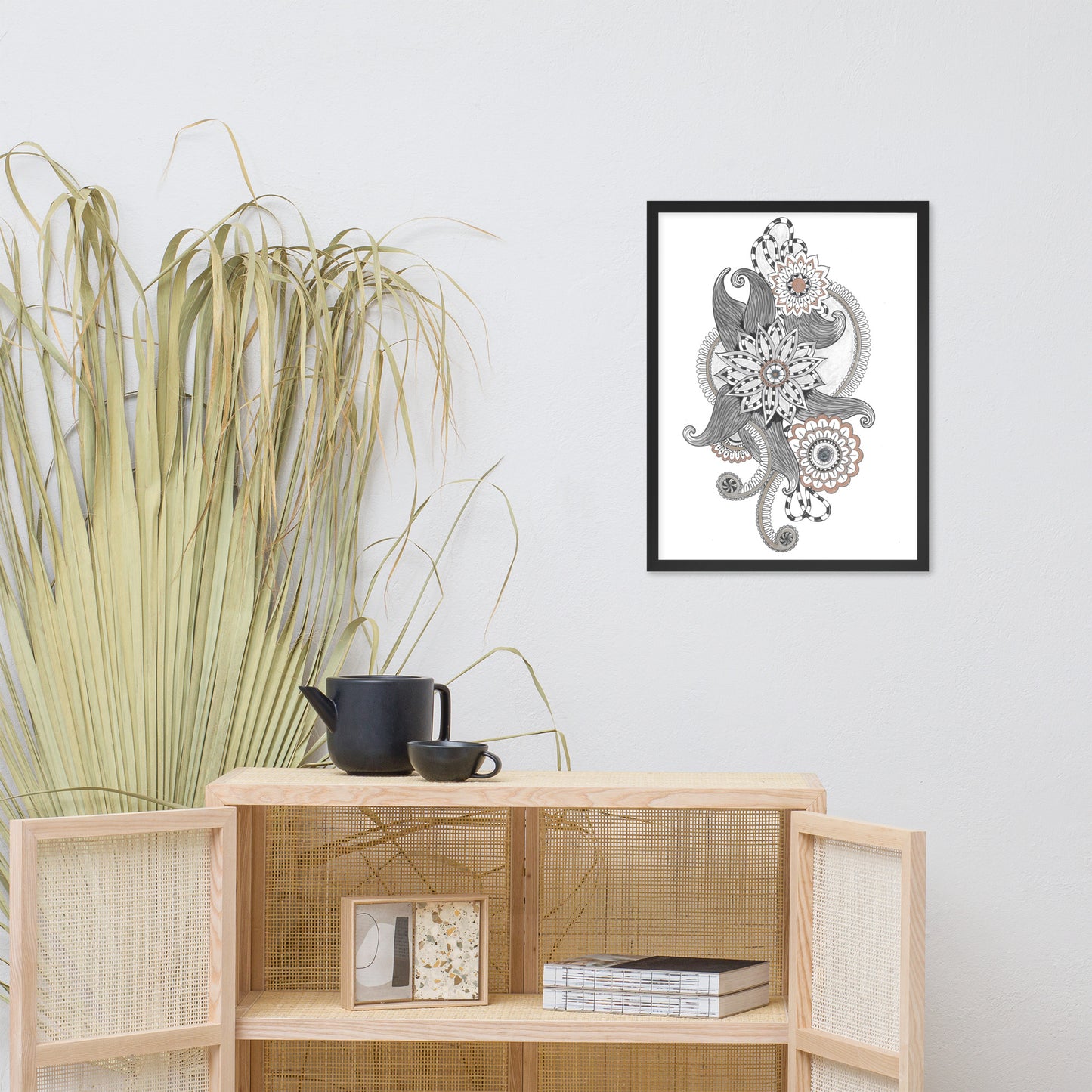 BlkGryWht Floral Deco Framed photo paper poster