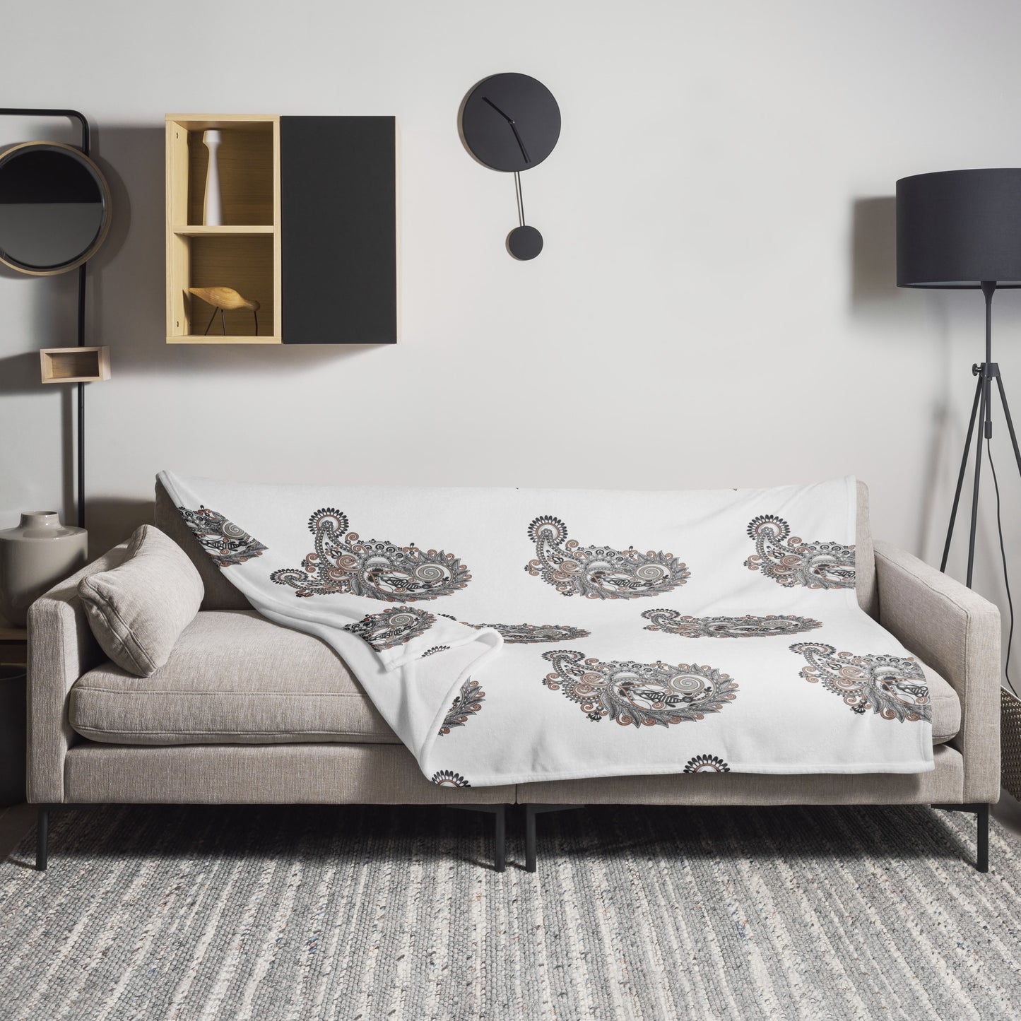 BlkGryGold Floral Deco Throw Blanket