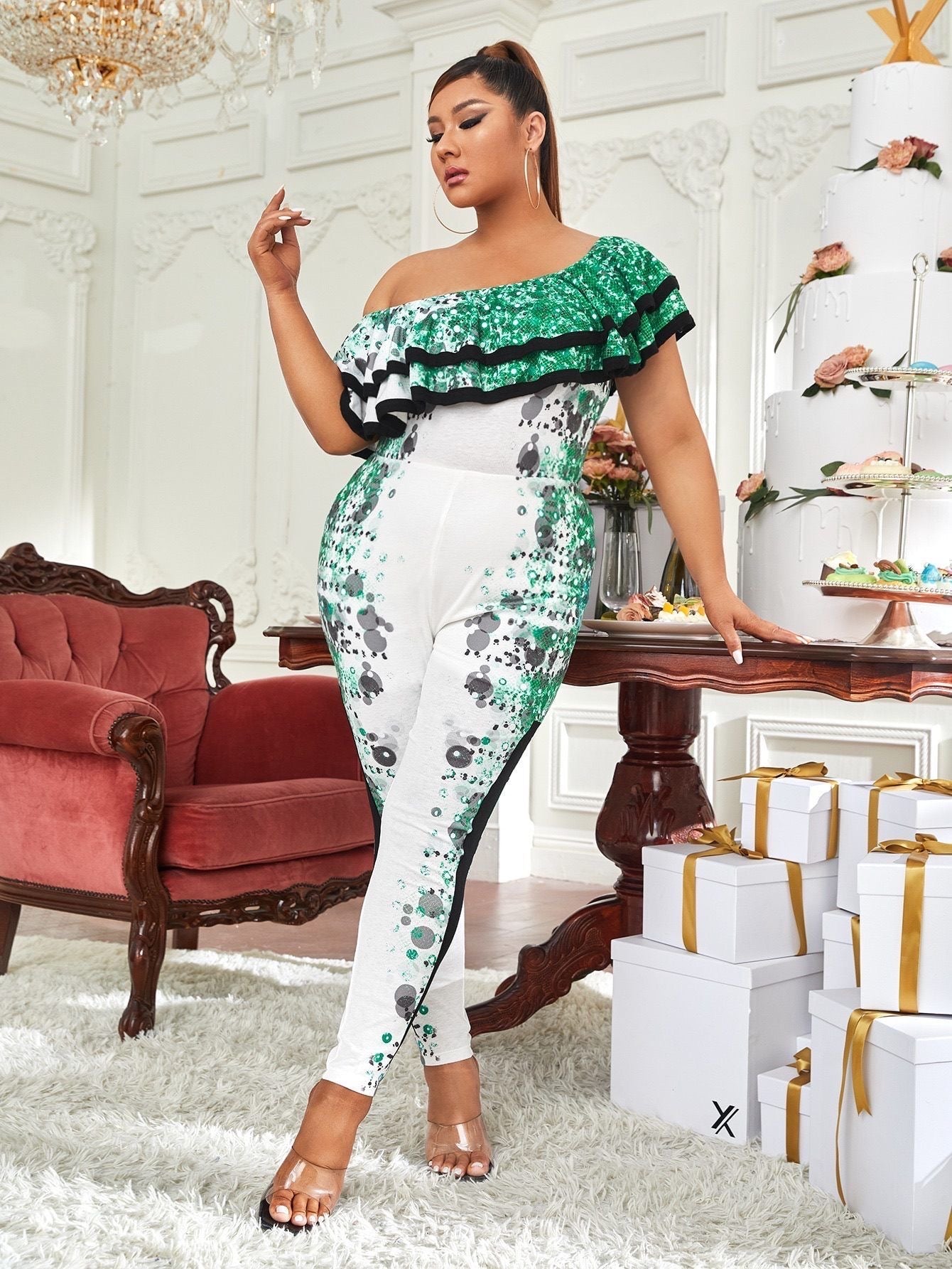 SHEIN X DiamondSize Contrast Ruffle Jumpsuit